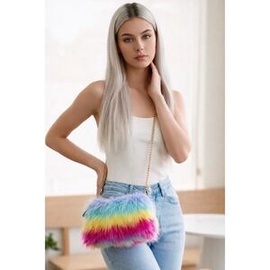 Caleesa Rainbow Faux Fur Mini Bag Y2K Fluffy Purse Chain Strap NWT